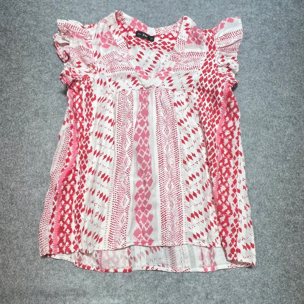 F&F Red Pink Geometric Ruffle Sleeve Babydoll Top V-Neckβ Cottagecore US 10